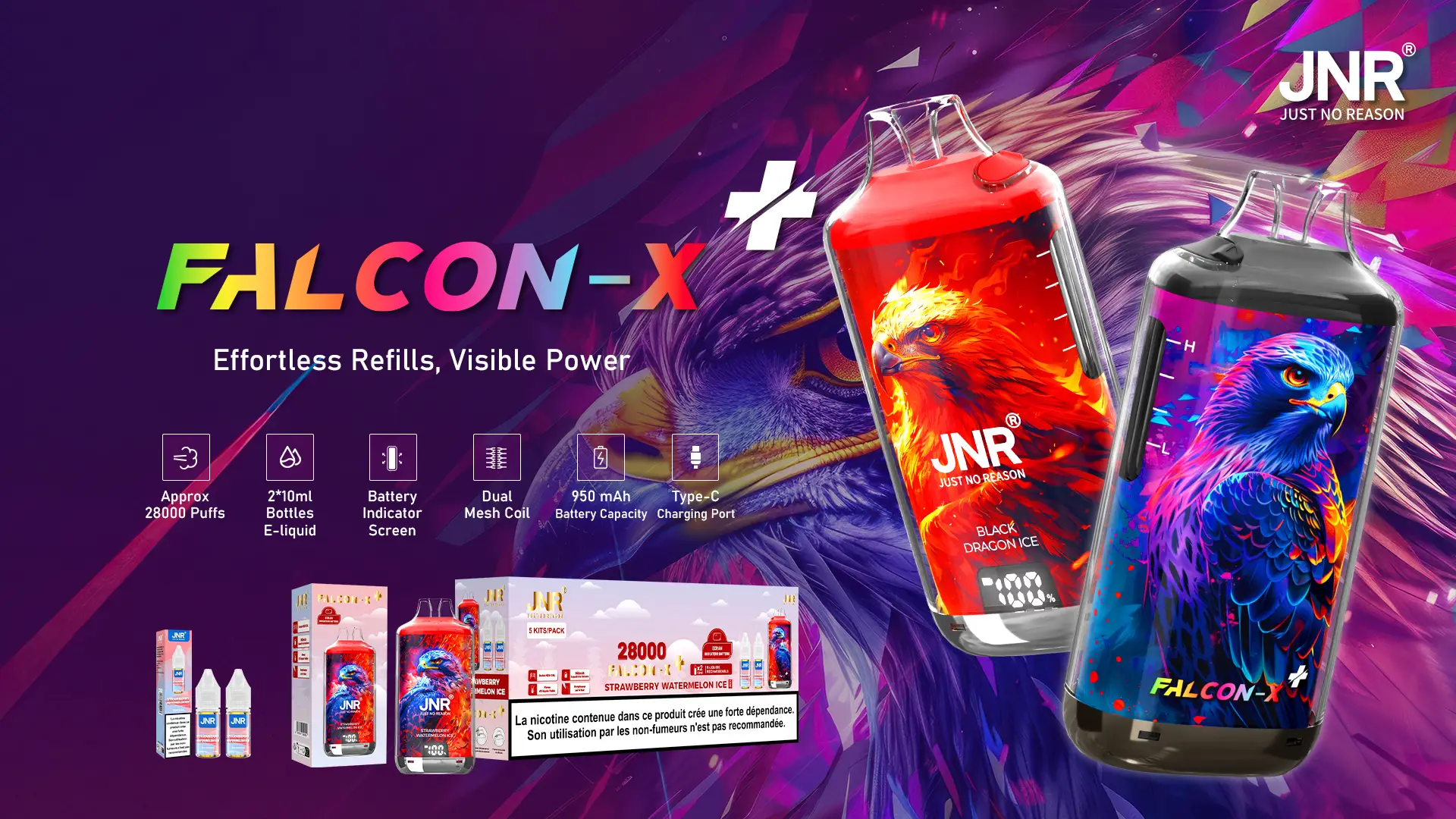 Falcon-X vape, colorful design, 28000 puffs capacity.
