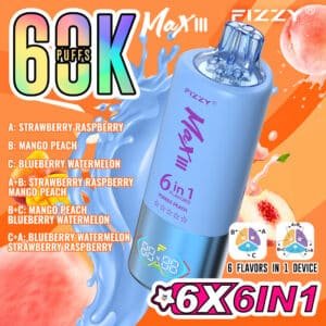 Fizzy Max III vape, 60K puffs, multiple flavors.
