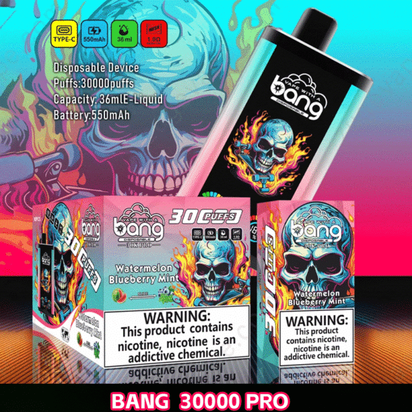 Bang 30000 Pro vape, watermelon blueberry mint flavor.