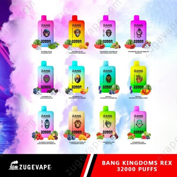Bang Kingdoms Rex vape flavors, colorful packaging.