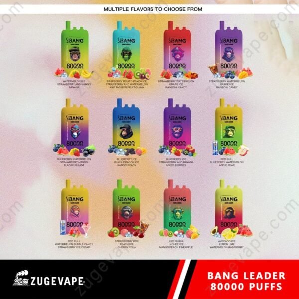 Variety of Bang vape flavors, 80000 puffs each.