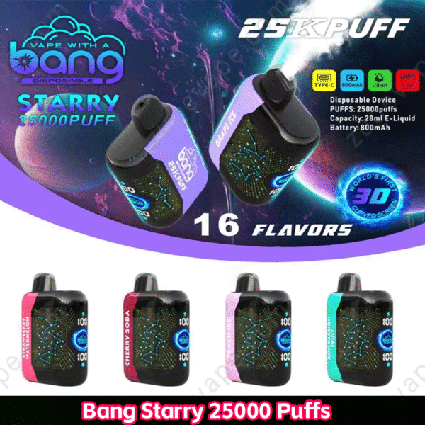 Bang Starry vape, 25000 puffs, 16 flavors.