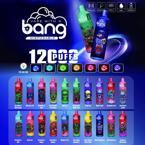 Colorful vape flavors, 12000 puffs, LED light options.
