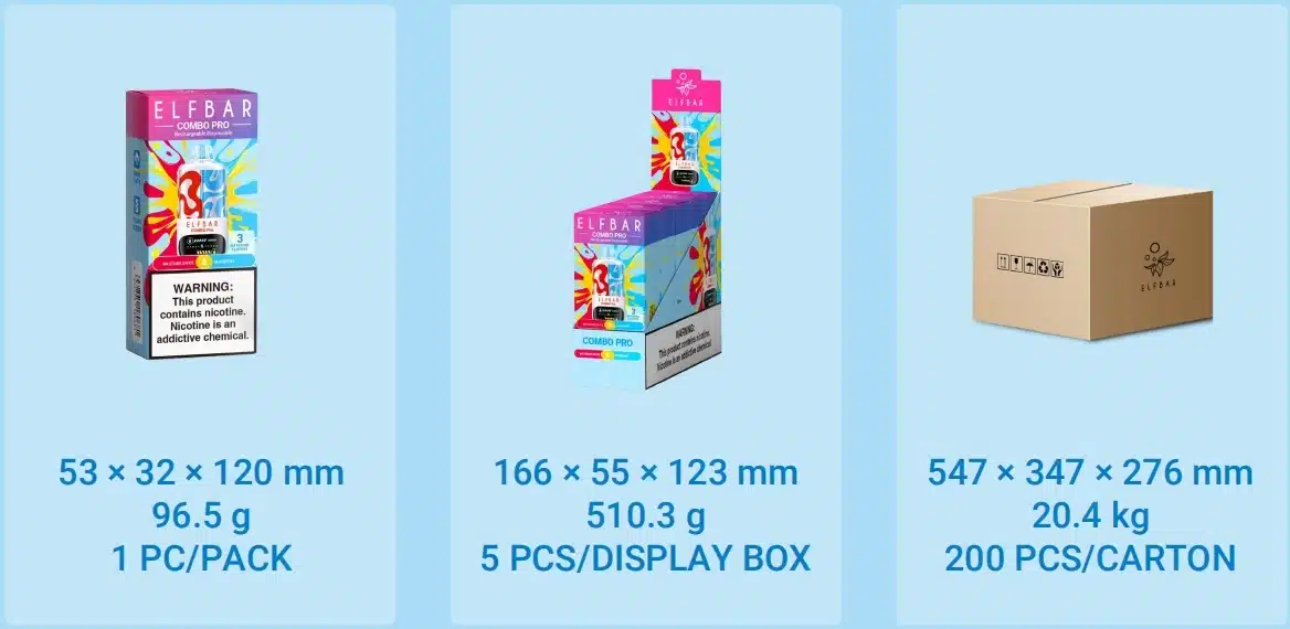 Elfbar Combo Pro packaging dimensions and weight details.