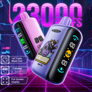 Colorful vape devices with digital display and features.