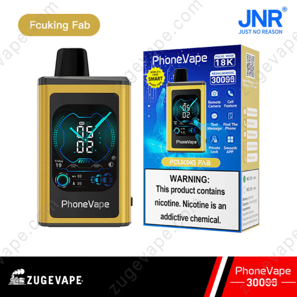 PhoneVape device and packaging with nicotine warning.