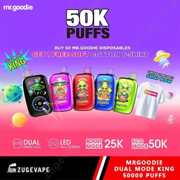 Mr. Goodie disposable vapes, 50K puffs, free shirt