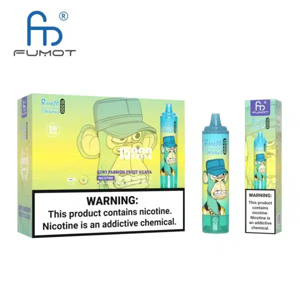 FUMOT vape packaging with nicotine warning label.