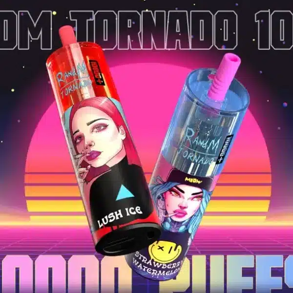Vape pens with colorful designs against retro sunset background.
