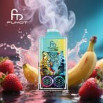 Fumot vape with leopard design, fruit in background.