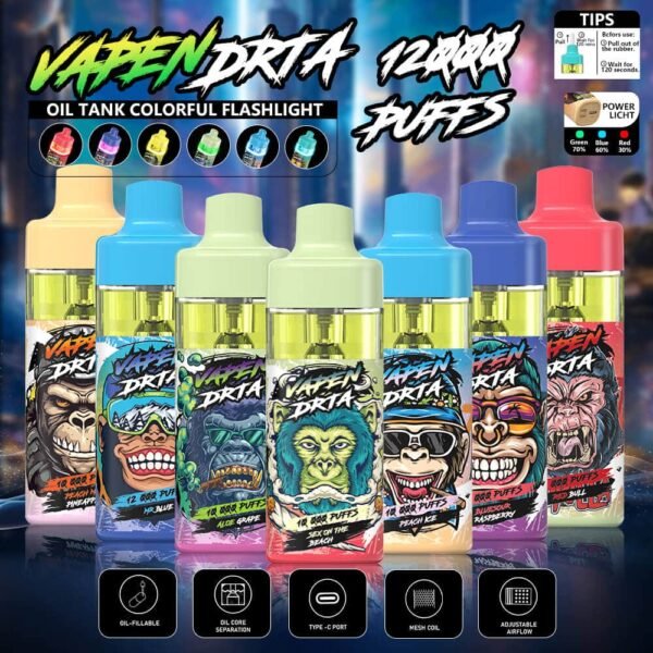 Colorful vape bottles with various designs and features.