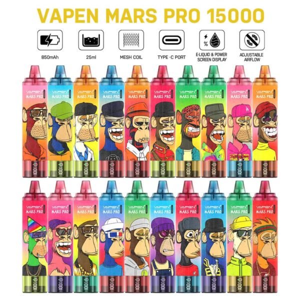 Vapen Mars Pro 15000 vape collection with colorful designs.