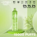Vape device showcasing fruit flavors and 15000 puffs.