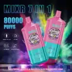 Colorful vape device with flavor options and puffs.