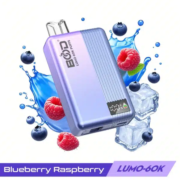 Blueberry raspberry vape with ice and liquid splash.