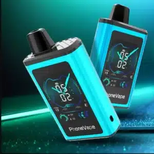 Blue digital vape device with futuristic display