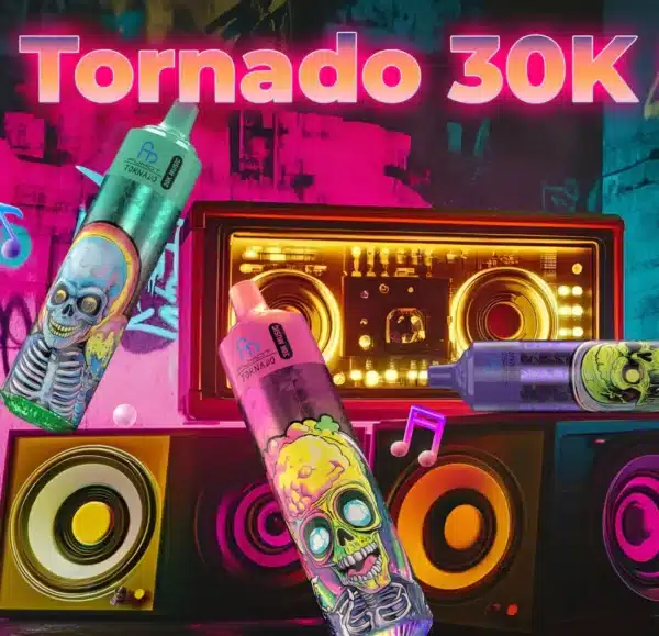 Tornado 30K vape bottles with urban music theme.