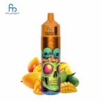 Colorful vape pen with skull design, mango background.