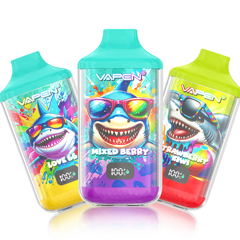Colorful shark-themed vape products display