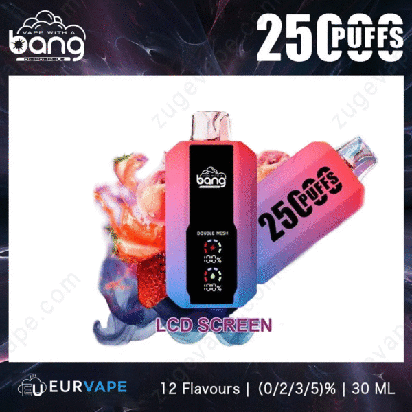 Bang disposable vape, 2500 puffs, LCD screen.