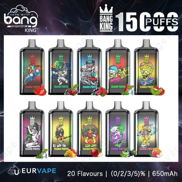 Bang King disposable vape, 15000 puffs, assorted flavors.
