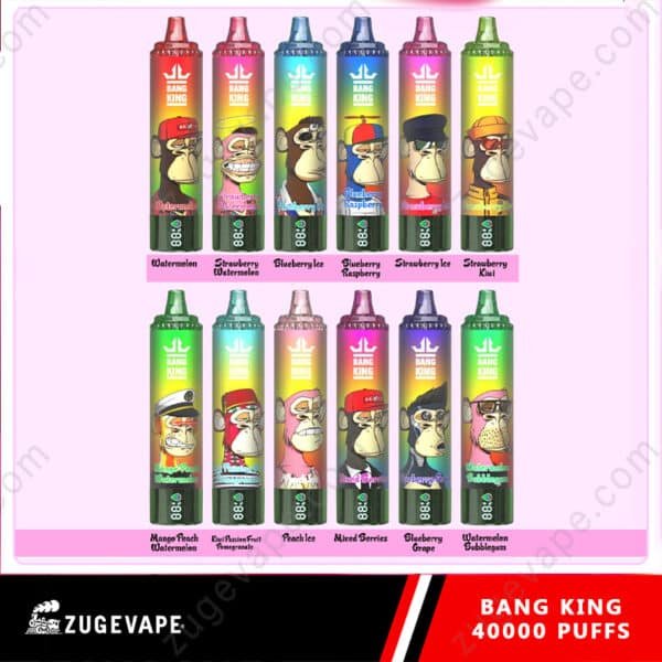 Colorful Bang King vape pens with fruit flavors.
