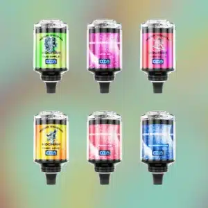 Six colorful electronic hookah flavors displayed on gradient background.