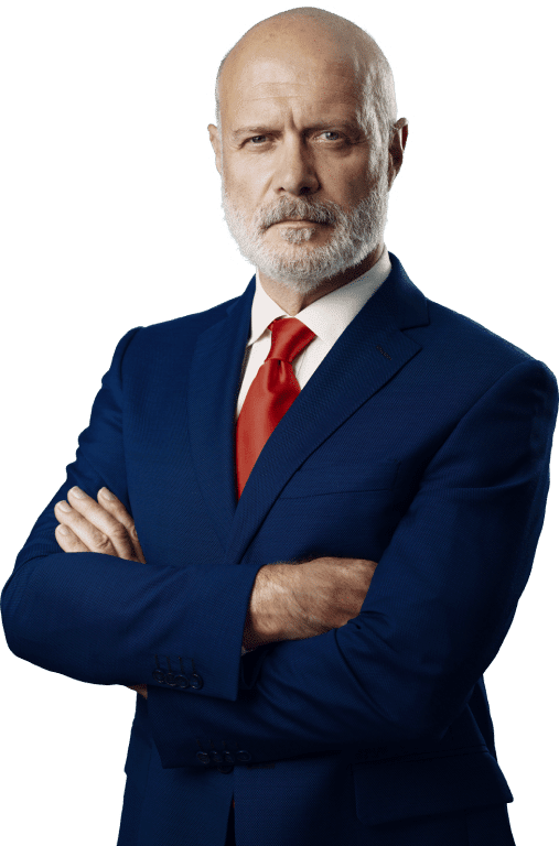 Businessman in blue suit with red tie, serious pose